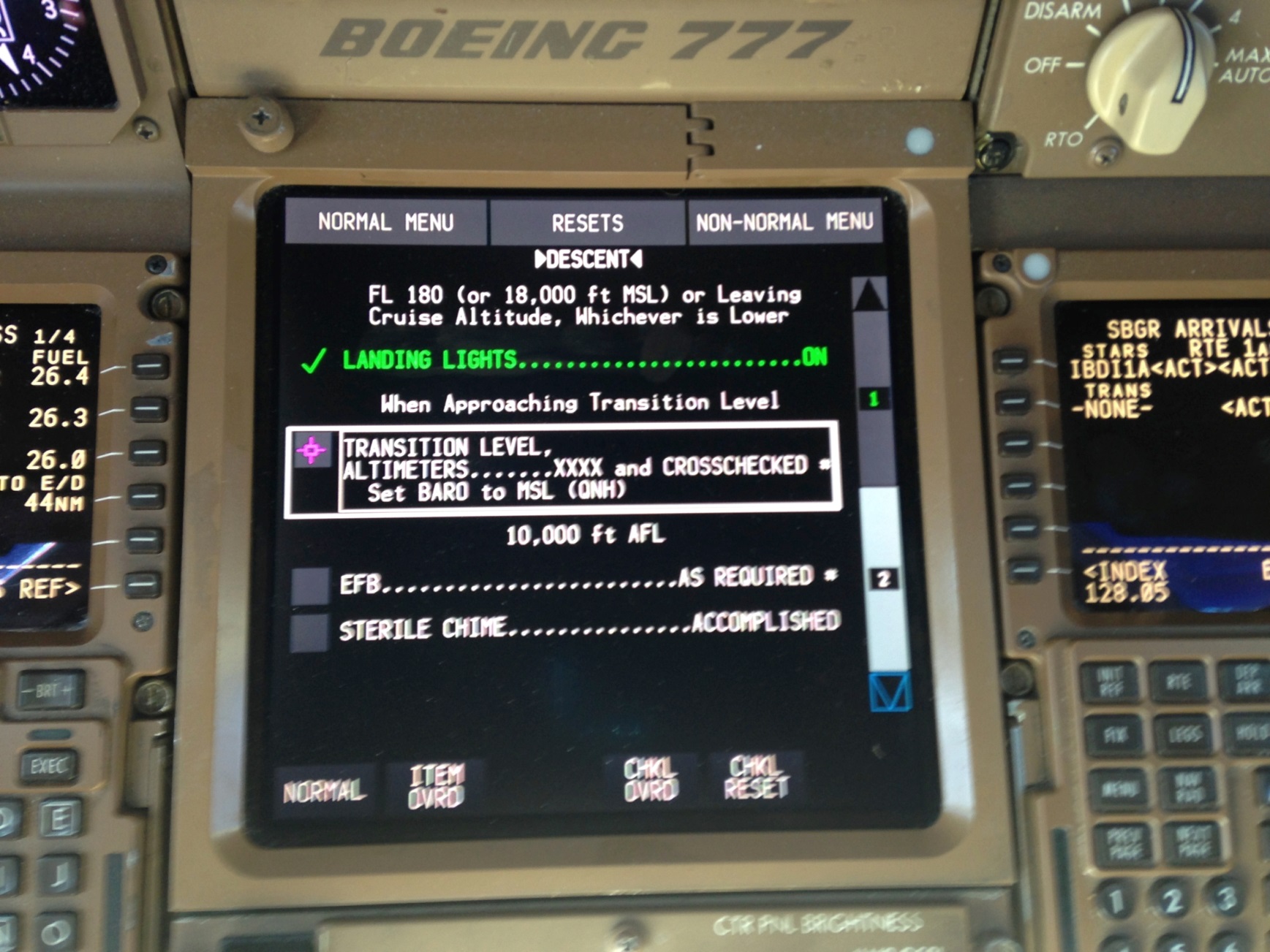 An electronic checklist on a Boeing 777 flight deck display