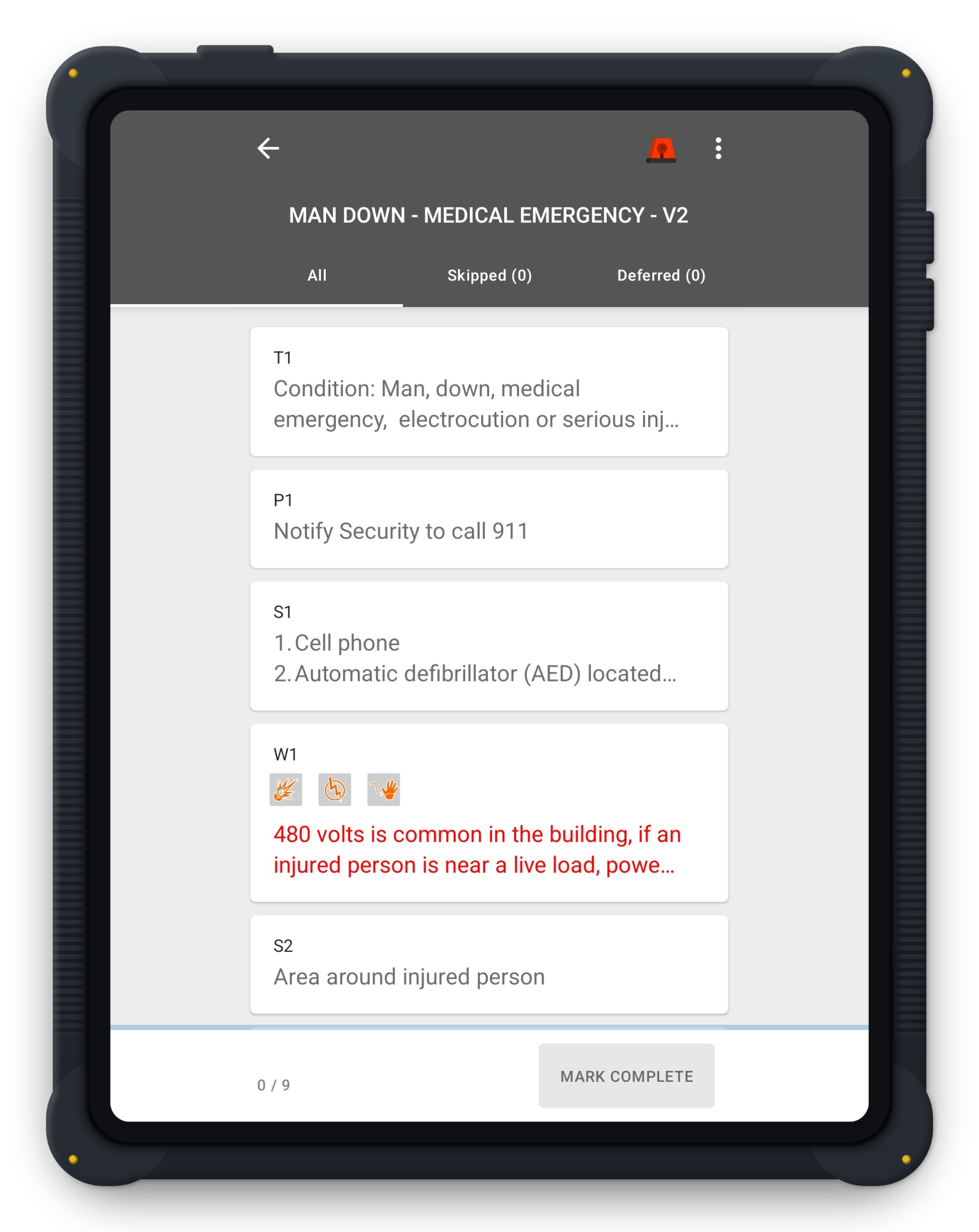 An emergency procedure list on a rugged tablet