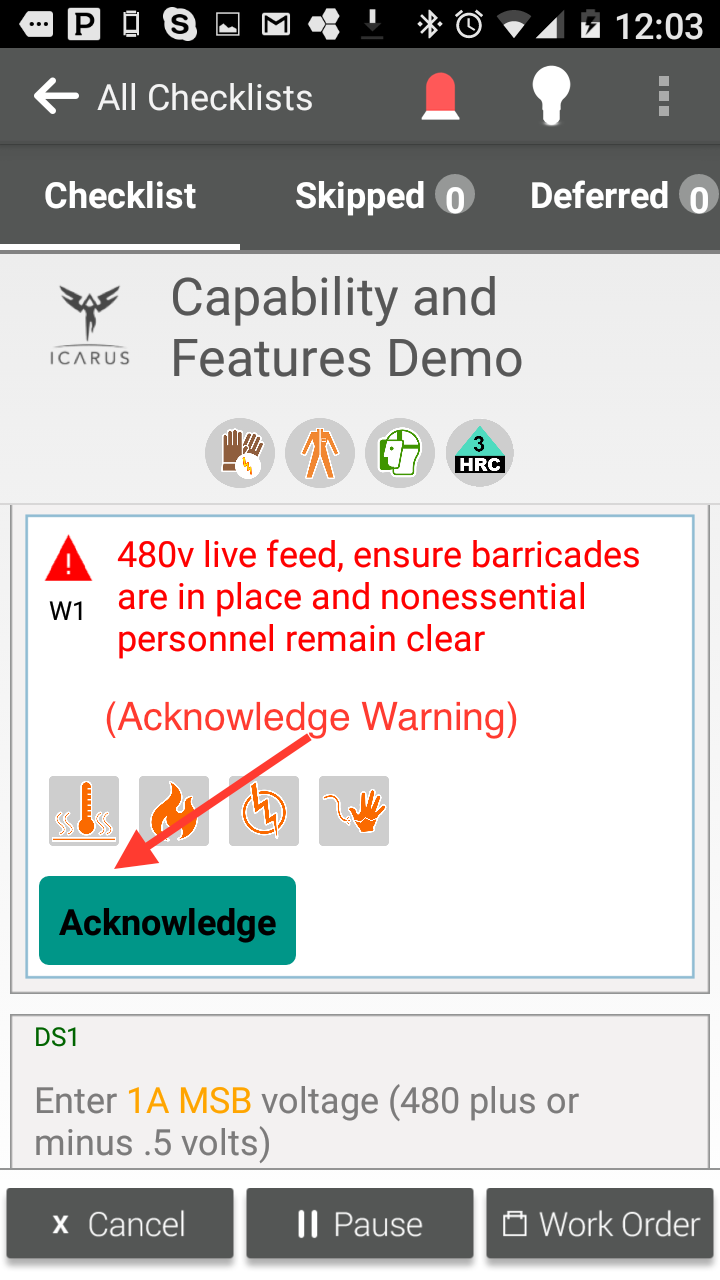 ICARUS Ops app warning screen: HRC 3 PPE icons, a 480 V live feed warning with fire and electrocution hazard icons, and an Acknowledge button.