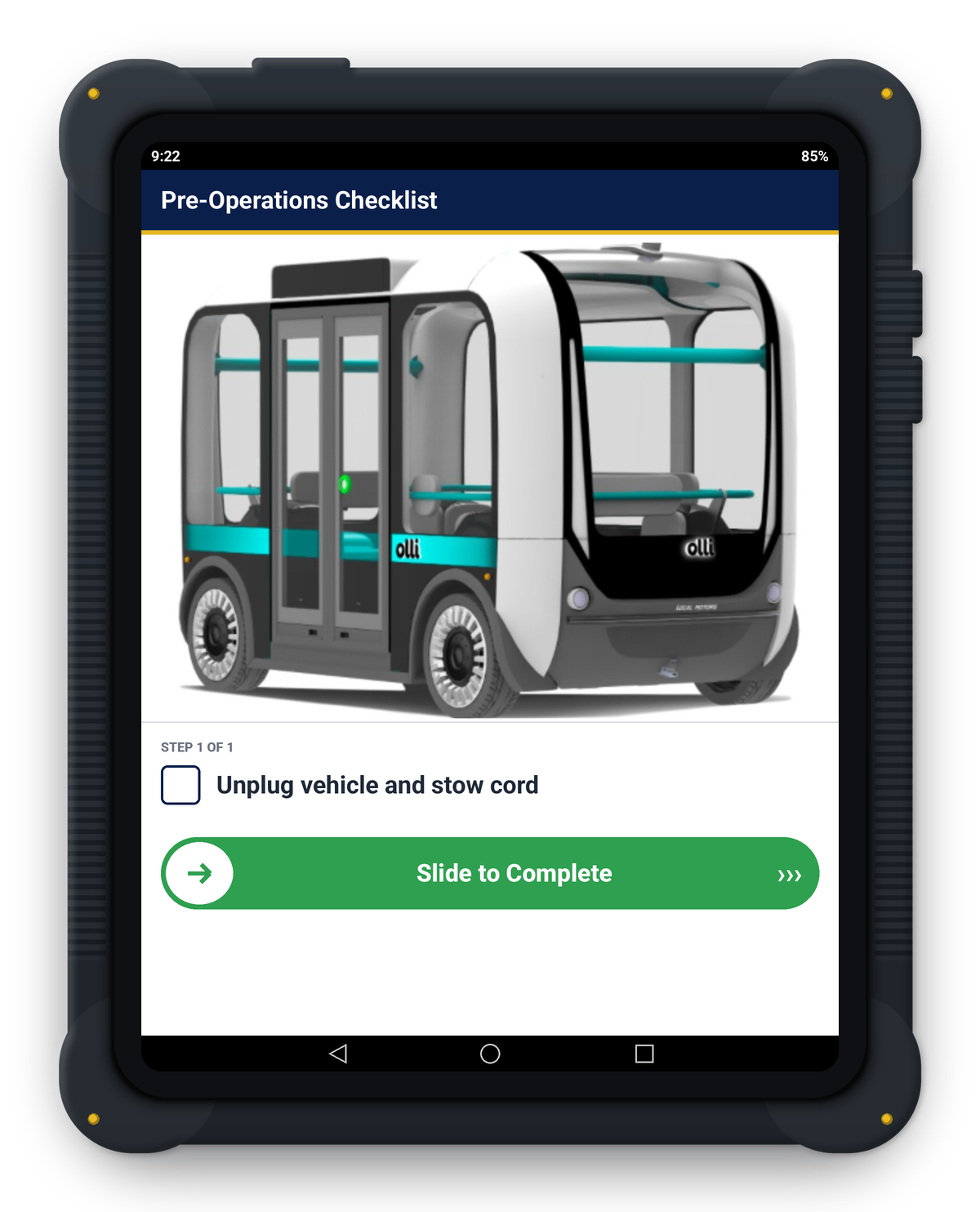 Rugged tablet showing a Pre-Operations Checklist with the Ollie autonomous shuttle